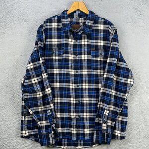 Orvis‎ Flannel Shirt Jacket Mens 2XL Blue Plaid Shacket Flap Pockets Long Sleeve